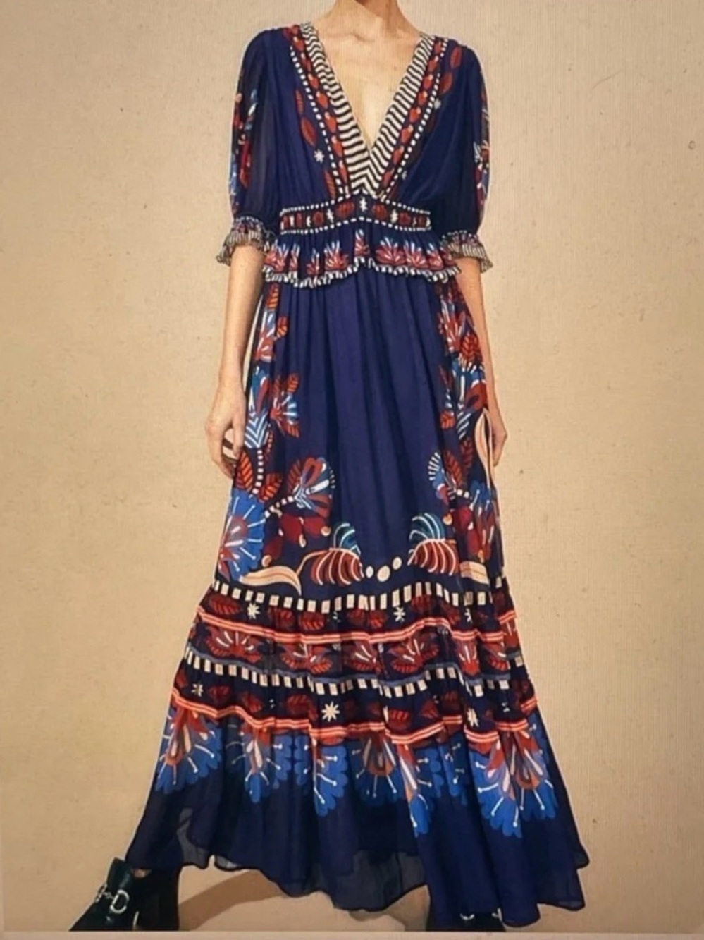 Farm Rio, medium Boho V-Neck Floral Maxi Dress in Navy